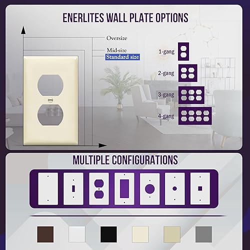 Miniatura 83 de ENERLITES Placa de pared dúplex para toma de receptáculo, cubierta de toma de corriente eléctrica, acabado brillante, tamaño mediano de 1 banda
