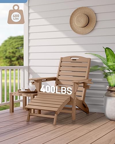 Miniatura 5 de Silla plegable Adirondack con otomana retráctil, resistente a la intemperie, silla de patio con 2 portavasos, silla de jardín al aire libre (teca)