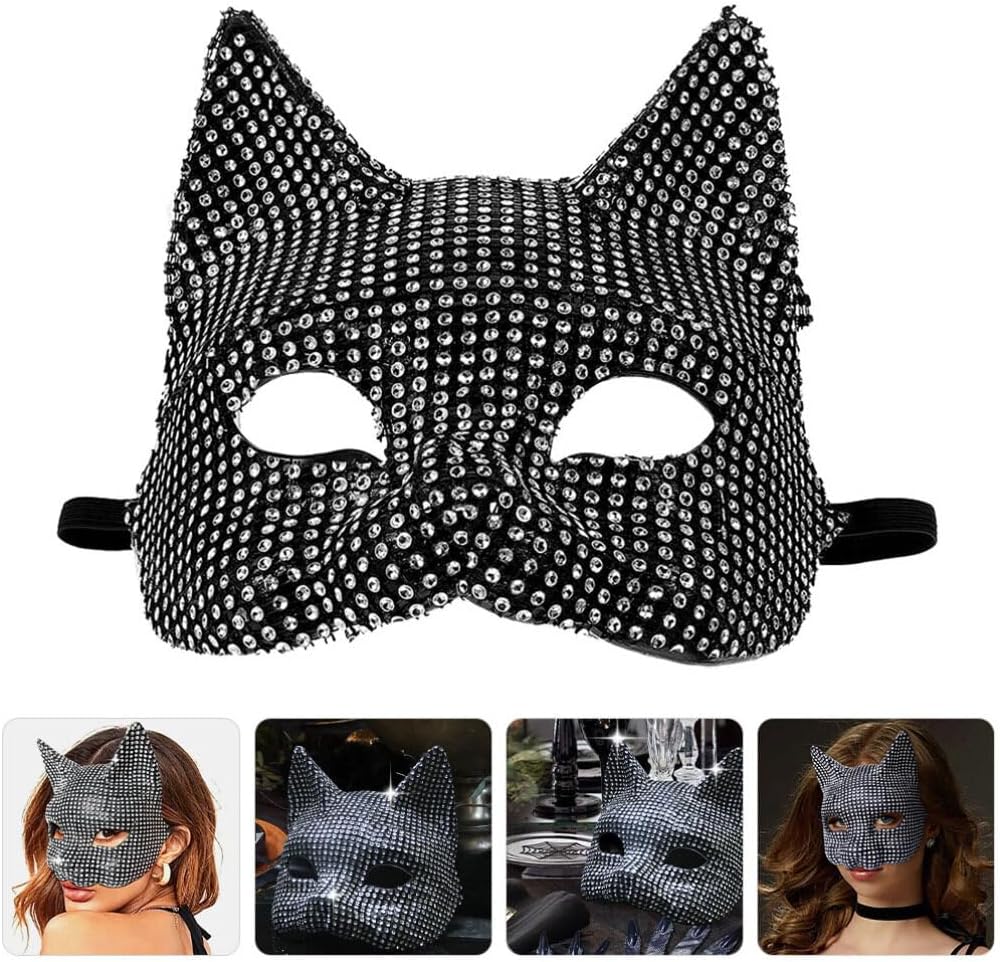 Alipis Cat Masquerade Mask Sparkly Rhinestones Mysterious Decorative Mask for Halloween Cosplay and Party Events Unique Cat Costume Prop for Elegant Dress-up
