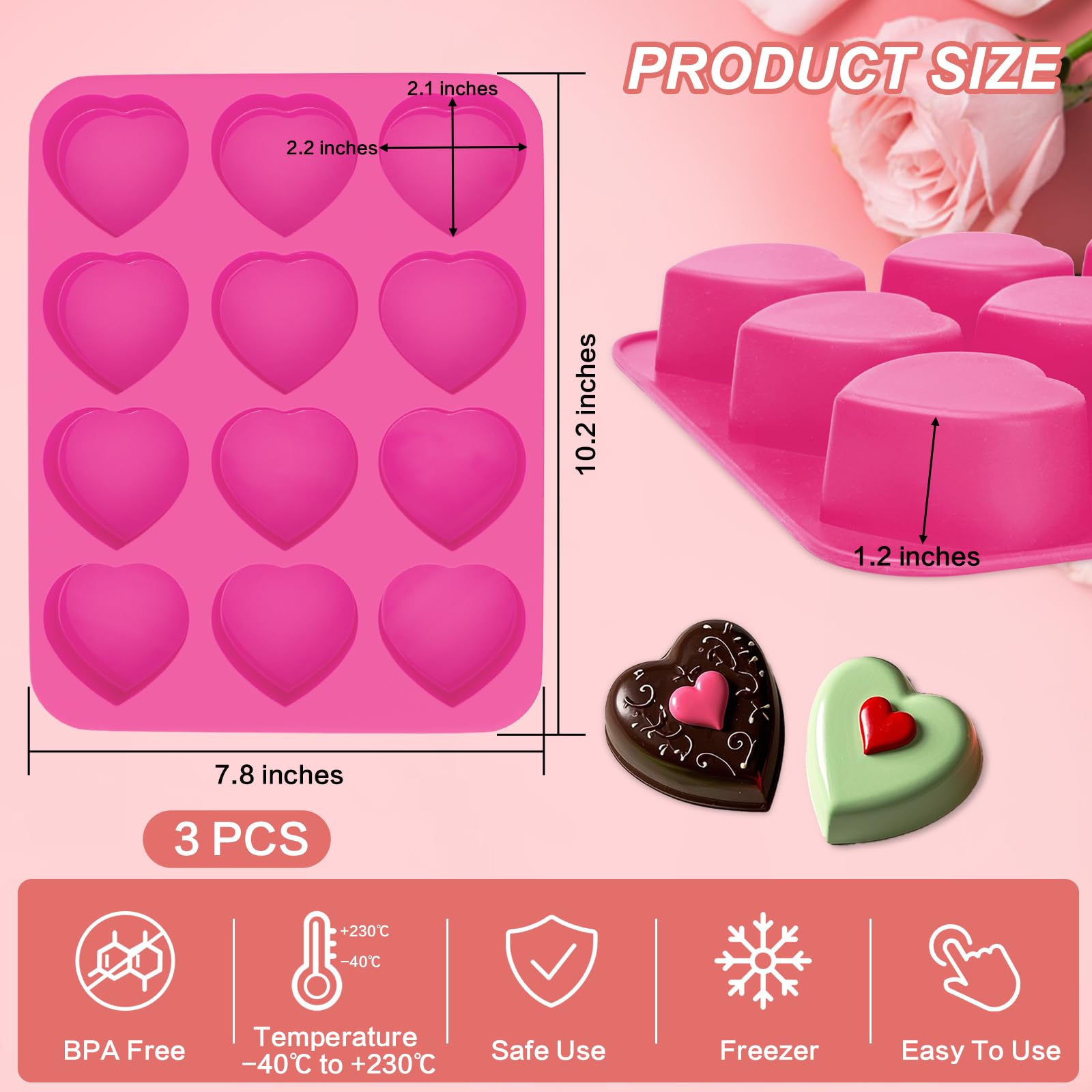 3 stampi in silicone a forma di cuore con 12 cavità a forma di cuore, per cioccolato, sapone, mini muffin, San Valentino, per sapone, cioccolato, gelatina, caramelle (rosso, viola, rosa)