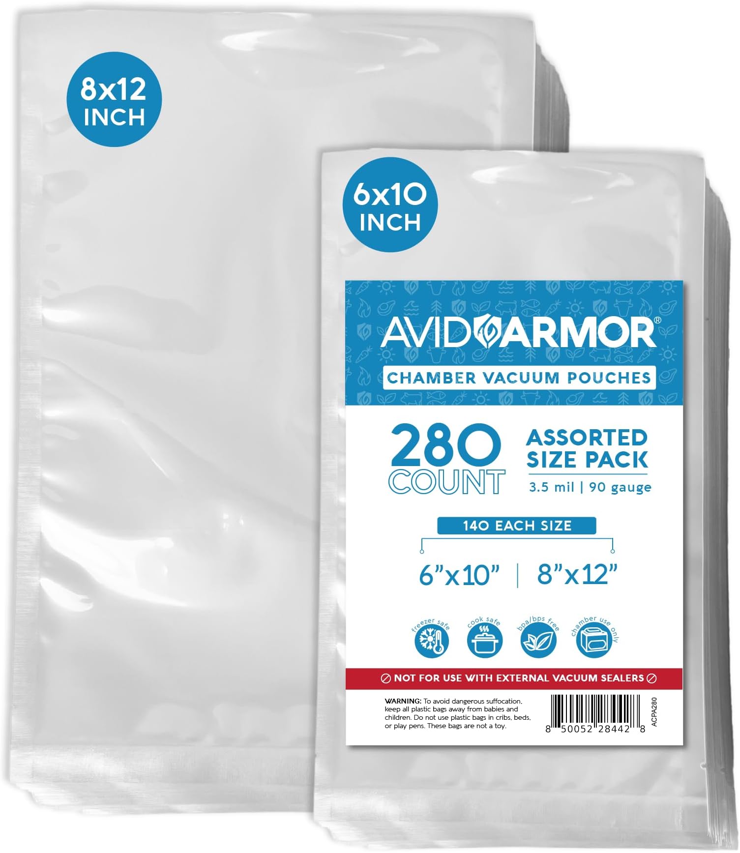 Chamber Machine Pouches 3.5mil, Pre-Cut Chamber Vacuum Sealer Bags, Heavy Duty Seal Pouch, BPA-Free Chamber Sealer, Assorted Size Pack, 6"x10", 8"x12" - Pack of 280