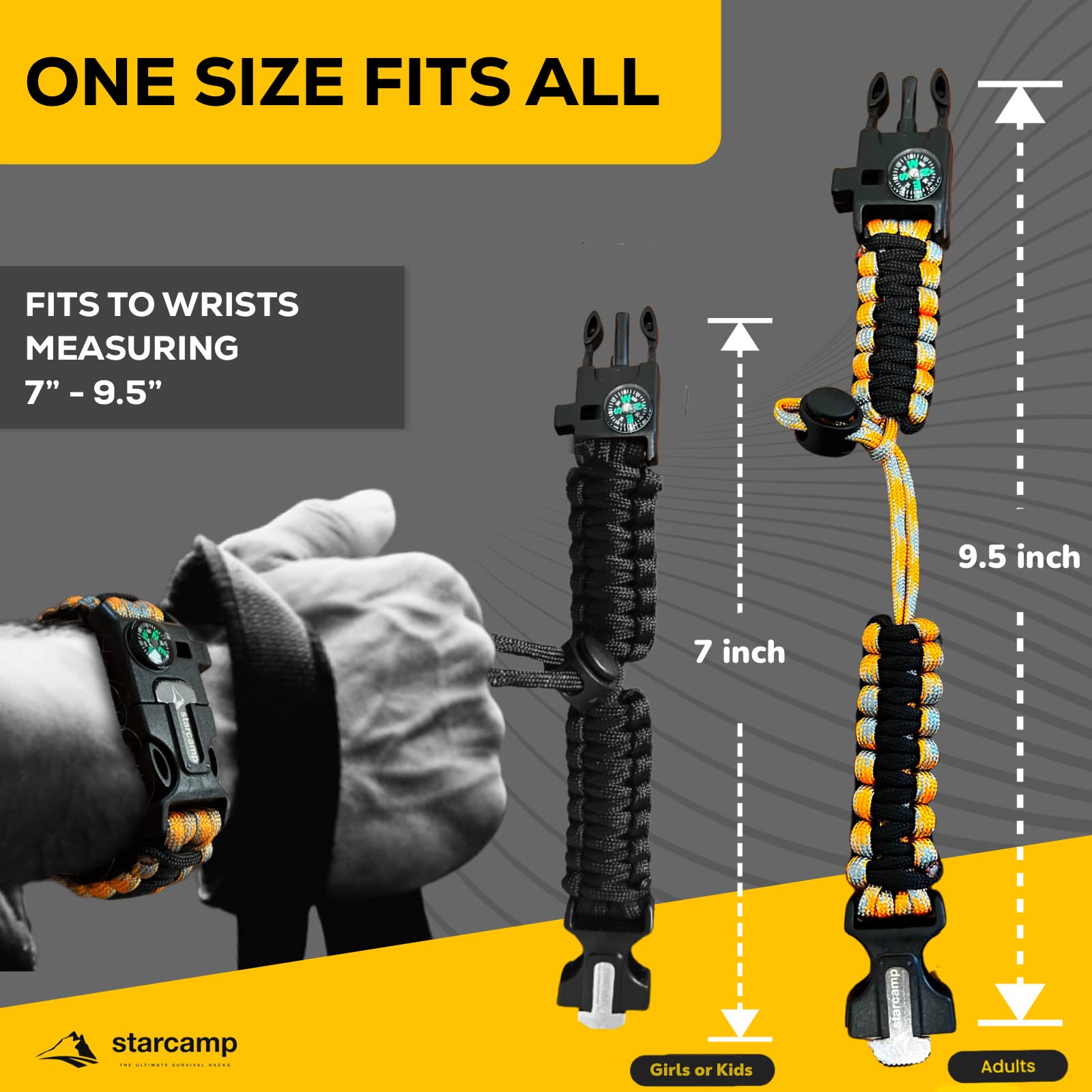 Starcamp Paracord Survival Bracelet Loud Whistle Emergency Compass Survival Fire Starter Scraper Accessories for Hiking and Camping 2-Pack (Black+Orange)