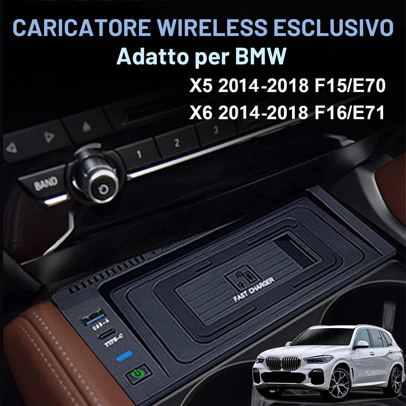 Caricatore Wireless Auto per BMW X5 (2014-2018) F15/E70, X6 (2014-2018) F16/E71 Accessori console centrale, 15W Qi ricarica rapida, con porta USB QC3.0, regalo per i proprietari di BMW