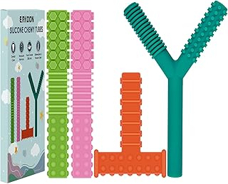 Sensory Chew Stick,ERKOON 4 Pcs Silicone Chew Toys Training and Development Fidget Toy Chewing Necklace for Teething Babies, Autism ADHD SPD, Oral Motor, Anxiety, Autistic Children and Adult
