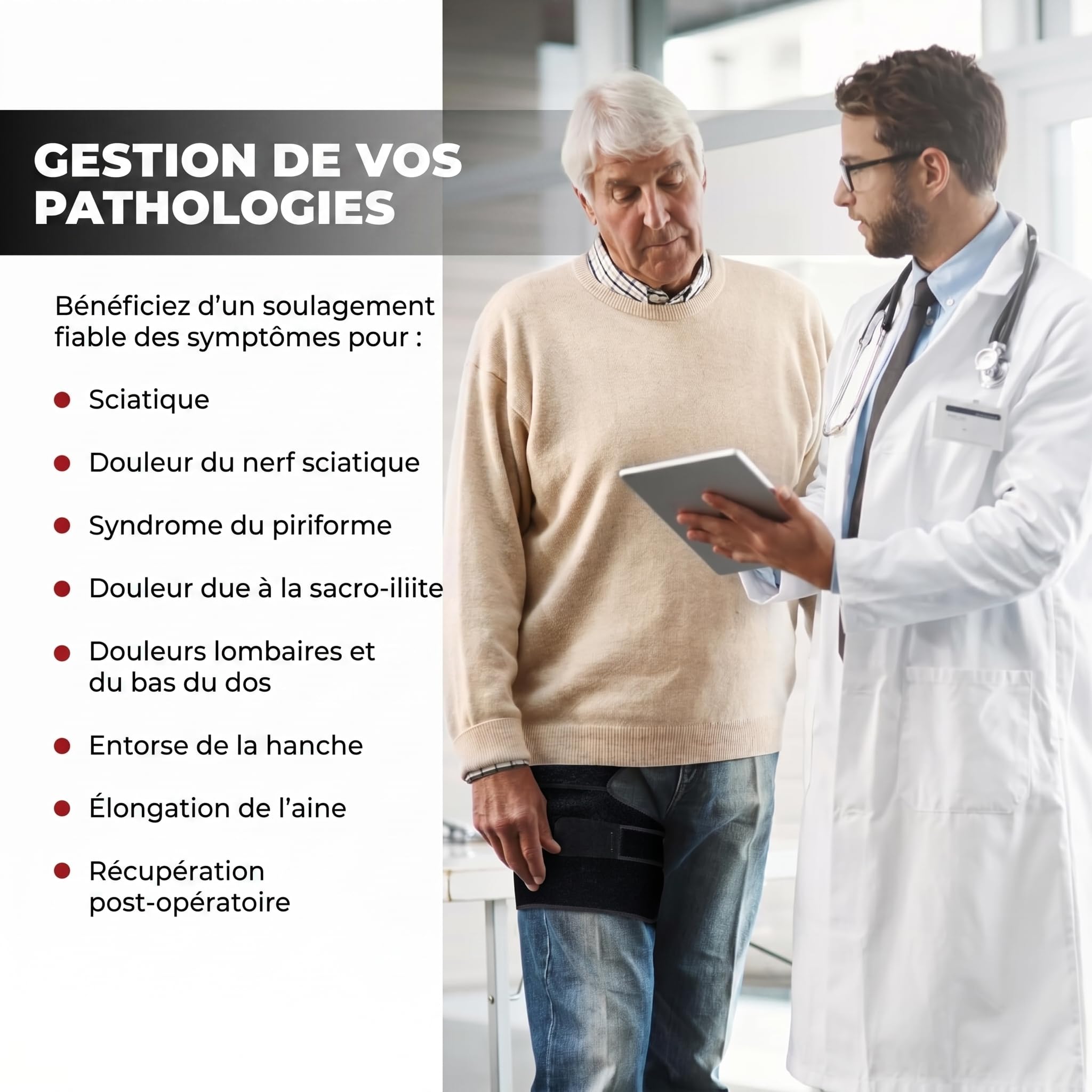 Astorn de hanche pour soulager la douleur sciatique – Bande de compression réglable pour l'aine, la cuisse, les ischio-jambiers, l'arthrite, la bursite et les blessures – Jambe gauche – Taille L.