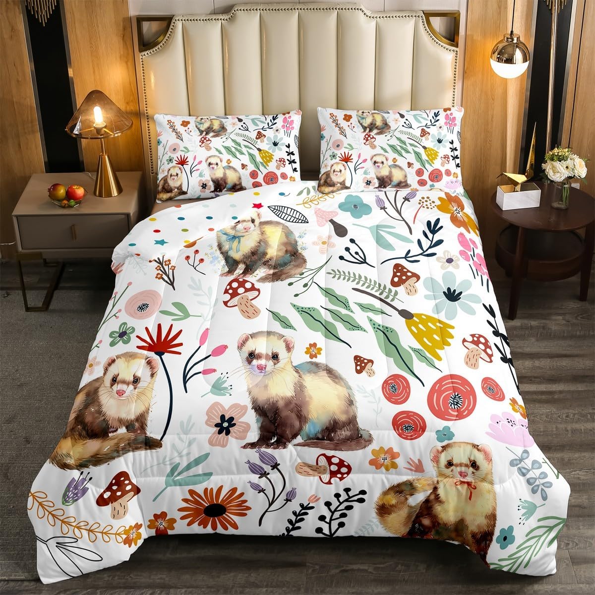 Erosebridal Kawaii Ferret Comforter Set Mushroom Floral Queen Bedding Sets for Girls,Cartoon Animal Quilt Watercolor Flowers Leaves Toddler Duvet Insert for Girls Kids Children,Cute Room Decor