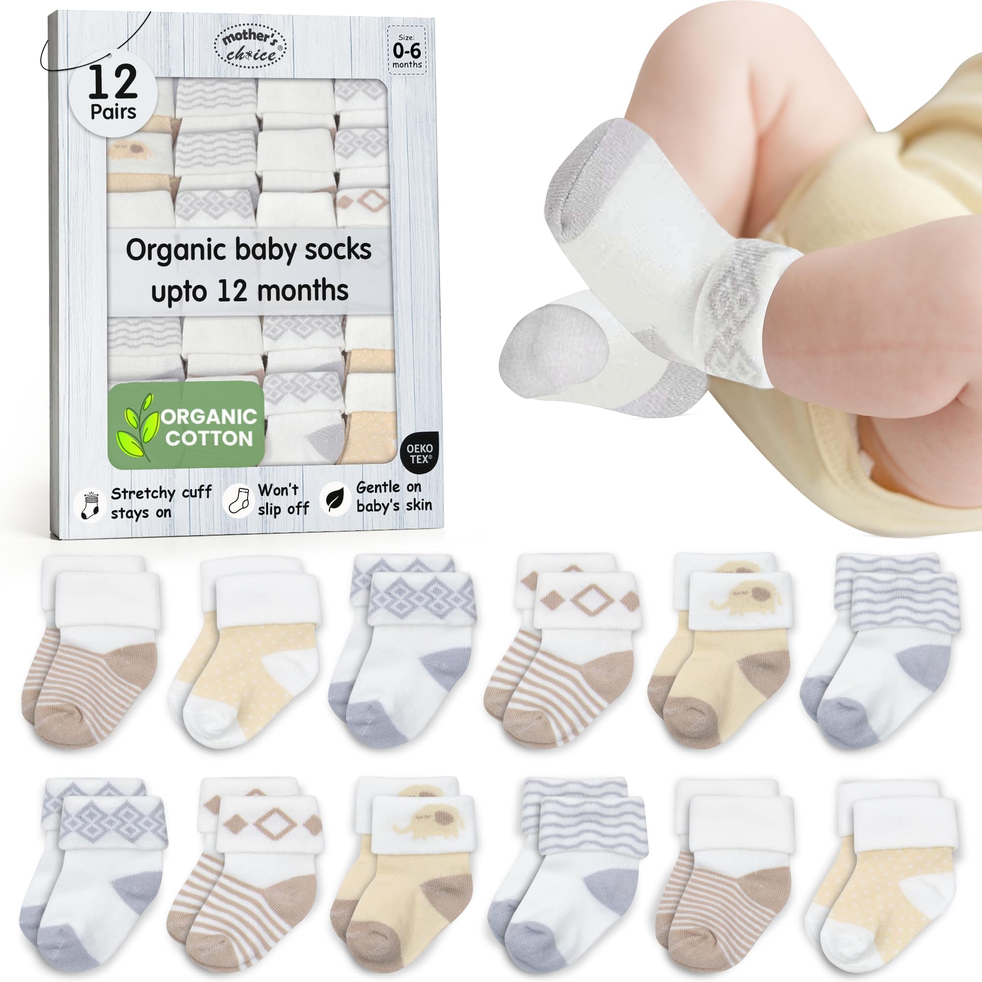 Organic Cotton Baby Socks 12 Pairs Newborn Infant 0-6M Hypoallergenic