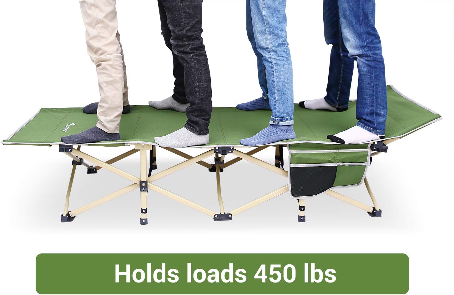 Sportneer Camping Cot, Max Load 450 LBS, 2 Side Large Pockets Portable Folding Camp Cots Wide Sleeping Cot Bed with Carry Bag, for Adults, Teen, Camping, Beach, BBQ, Hiking, Backpack, Office (Green) : Sports & Outdoors