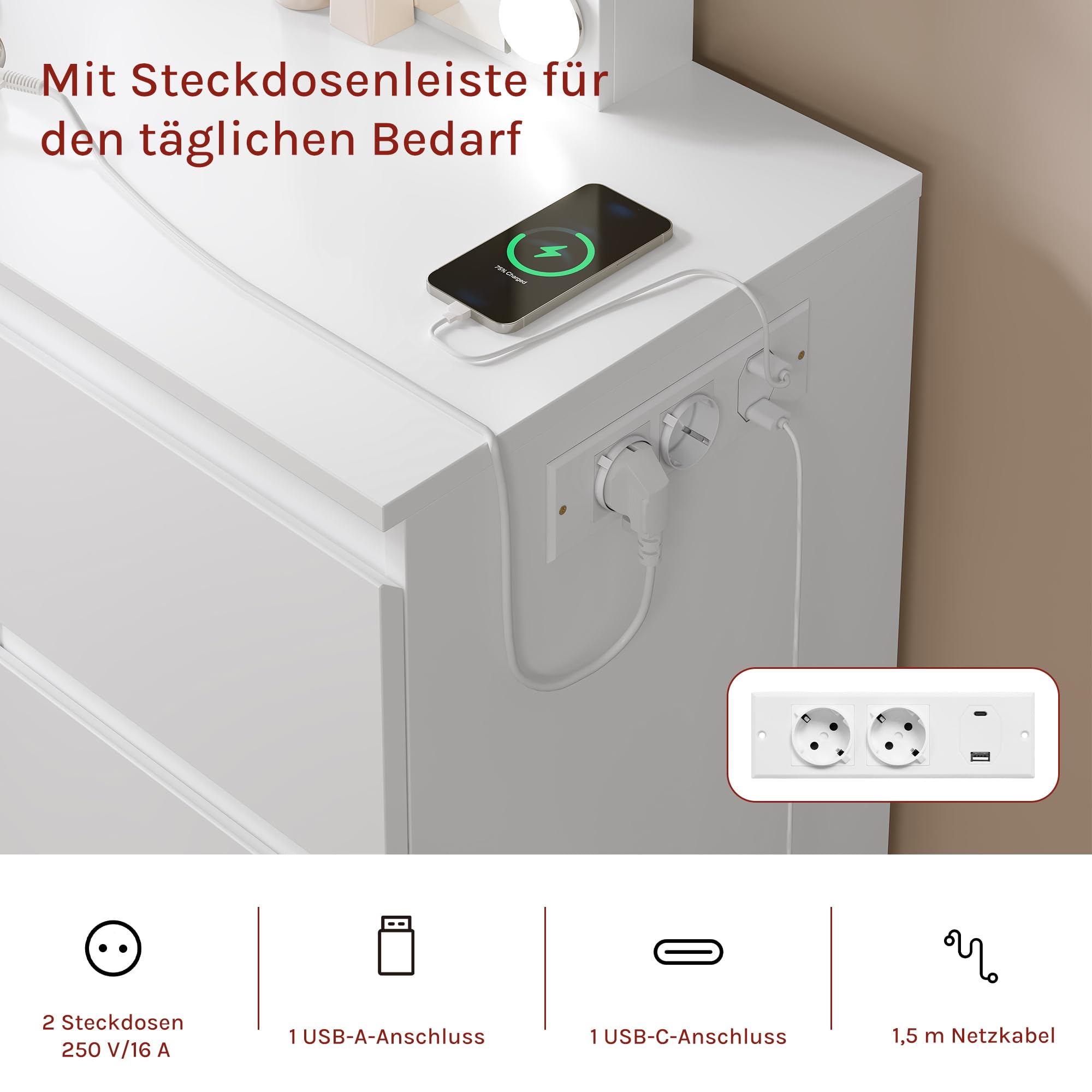WOLTU Schminktisch mit Beleuchtung Hollywood und Steckdose, einstellbare Helligkeit, Schminktisch mit Spiegel LED, Kosmetiktisch mit 7 Schubladen, 110x140,5x39,5 cm, für Schlafzimmer, Weiß