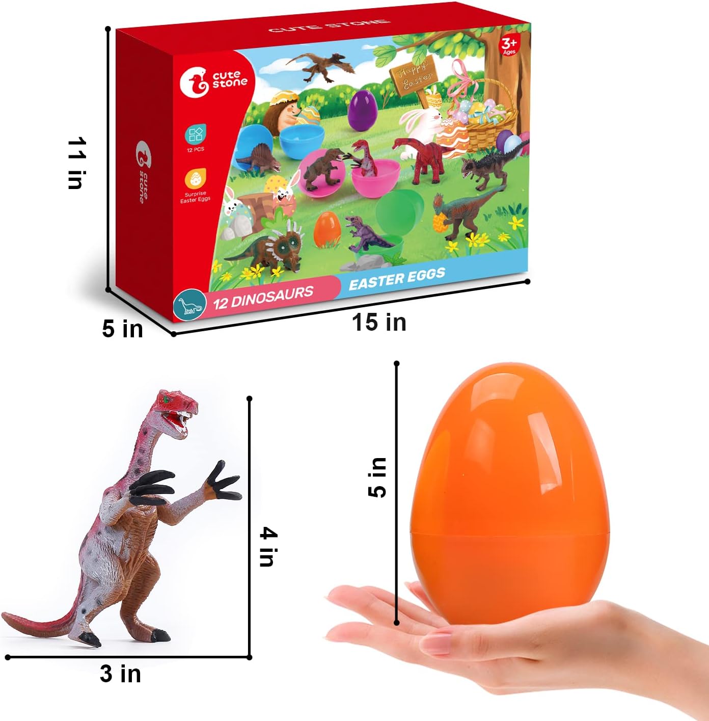 CUTE STONE 12 Pack Filled Easter Eggs with Dinosaurs, Easter Basket Stuffers Easter Party Favors for Kids