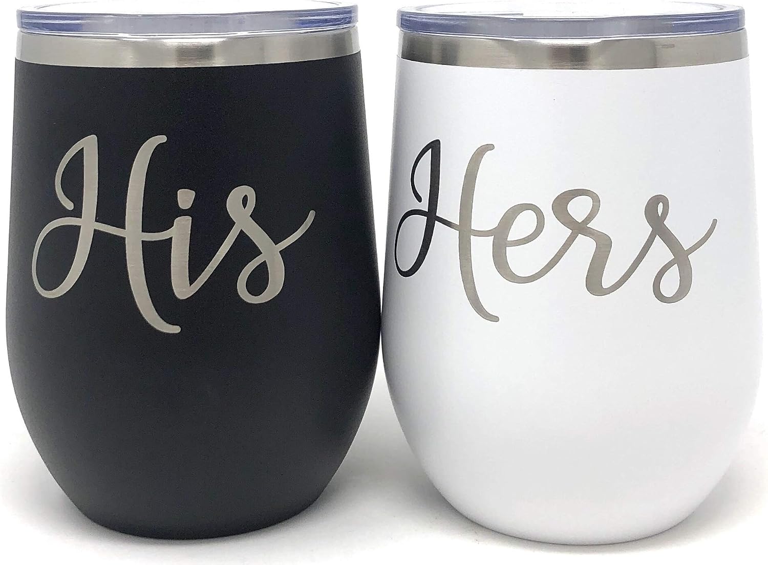 His & Hers Wine Tumbler Set Wedding Engagement Gifts for Husband, Wife, Bride, Groom, His and Her Anniversary, 12 Oz Stainless Steel Wine Tumbler with Lid, Black and White