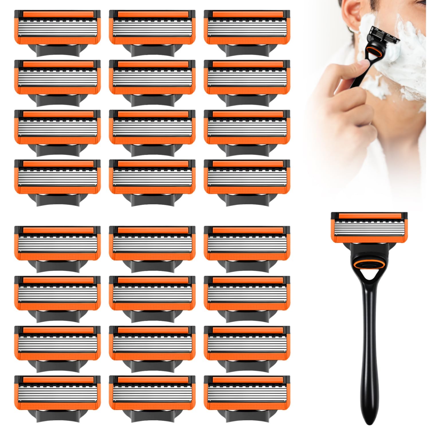 Paquet de 24 Lames de Rasoir fusio-n 5, Lames de RasoirHumide pour Hommes, 1 Reutilisable Manche + 24Cartouches De Recharge, Pour Un Rasage Manuel Efficace,Rasage Facile