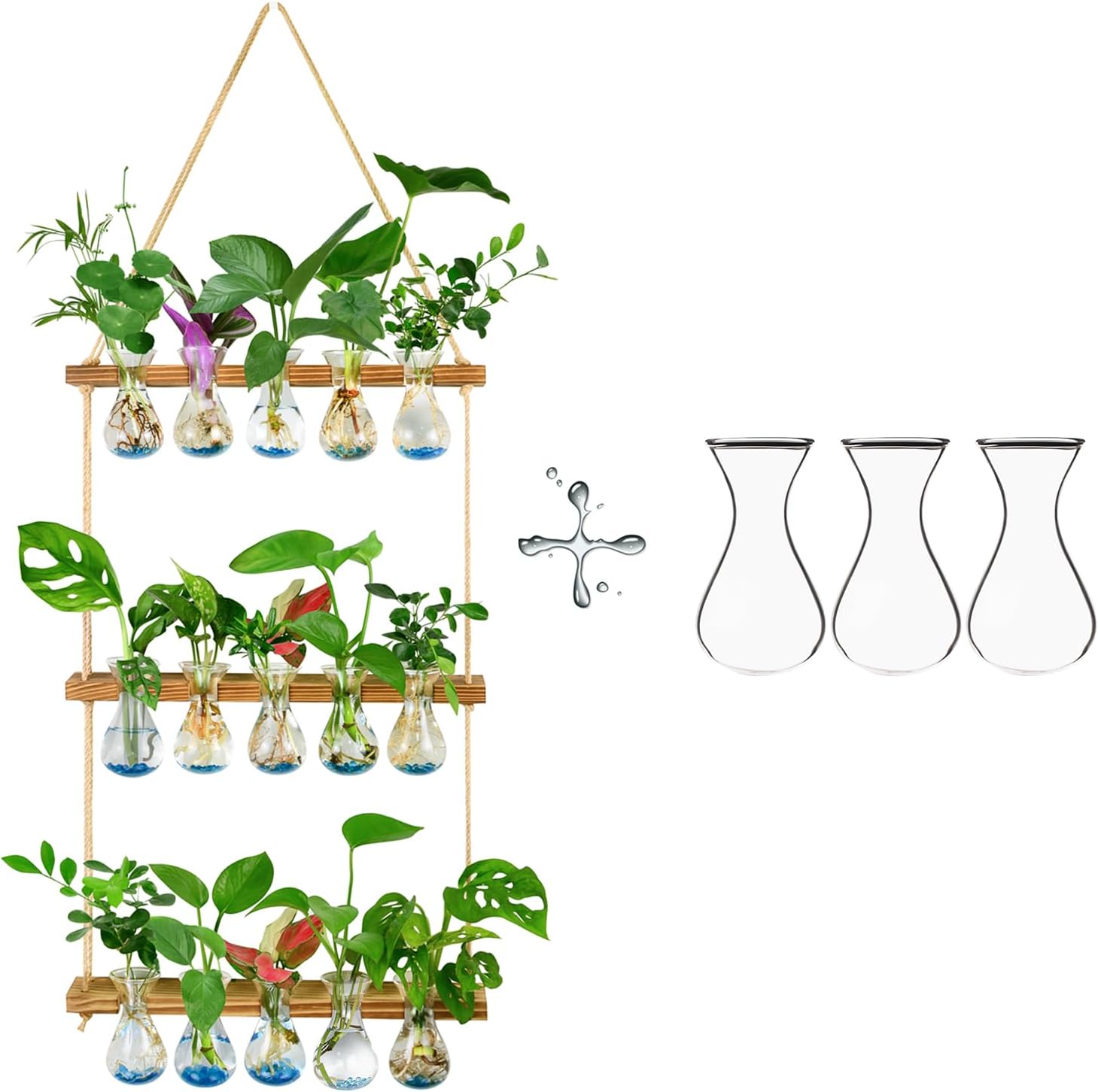 XXXFLOWER Wall Hanging Propagation Station with Wooden Stand 5 Bulb Vase 3 Tiers Planters Wall Terrarium+Flower Vases Accessories-3 Bulb Vase