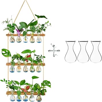 FLOWER Wall Hanging Propagation Station with Wooden Stand 5 Bulb Vase 3 Tiers Planters Wall Terrarium+Flower Vases Accessories-3 Bulb Vase