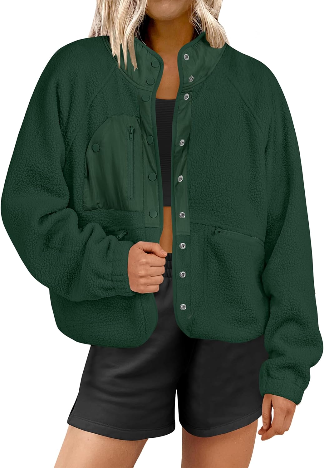 ANRABESS Womens Fuzzy Fleece Jacket Fall Casual Long Sleeve Cropped Sherpa Button Down Shacket Coats Outwear With Pockets