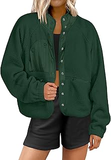 Womens Fuzzy Fleece Jacket Fall Casual Long Sleeve Cropped Sherpa Button Down Shacket Coats Outwear With Pockets