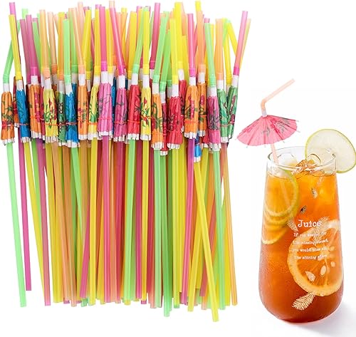 100 unidades de pajitas desechables con paraguas, pajitas de plástico para cóctel de playa hawaiana, suministros de decoración para fiestas en la