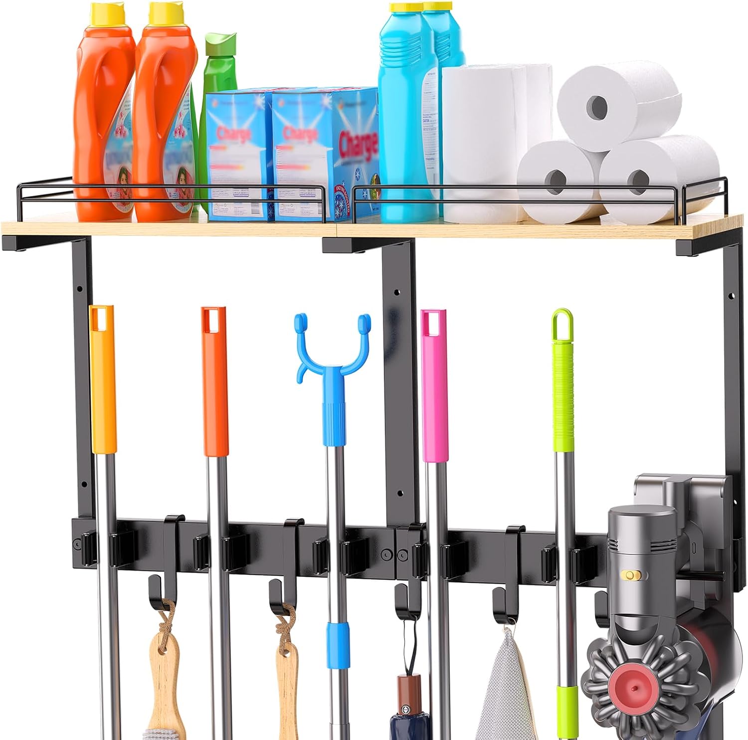 HOOMESUN Broom Holder Wall Mount with Shelf & Guard Rail, Upgraded No-Fall Storage, 120 lbs Heavy Duty Cleaning Organizer, 5 Clamps 4 Hooks, Thick Metal & Wood Rack for Laundry Room Garage