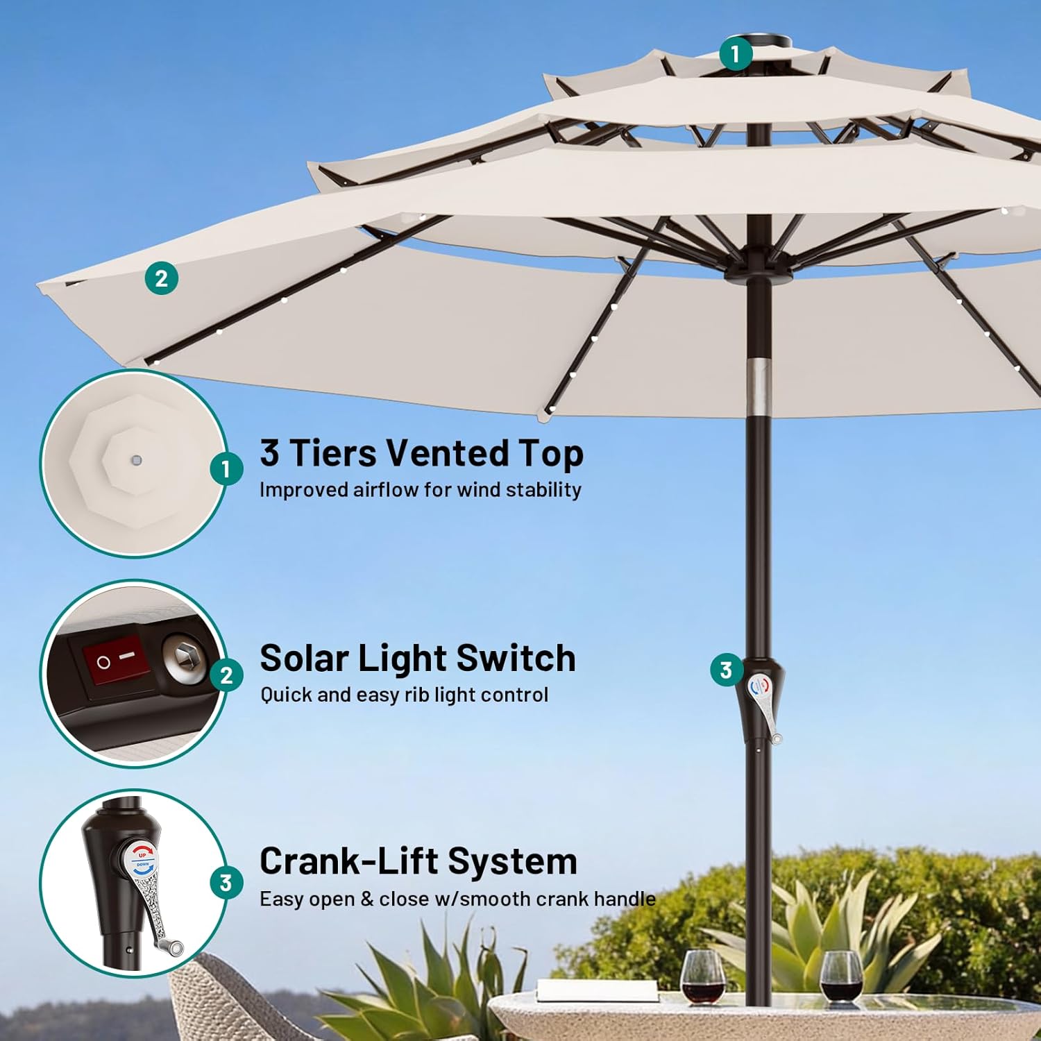 AreShark 9ft 3 Tiers Patio Umbrella with Solar Lights, Outdoor Umbrella w/ 32 LED Lights&8 Sturdy Ribs, Table Umbrella for Deck, Backyard, Pool (Ivory) 3 Tiers Ivory
