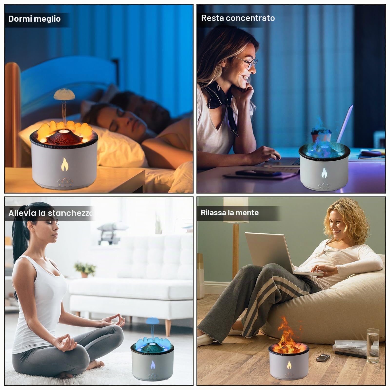 Diffusore di Aroma a Fiamma per Umidificatore Vulcano: Diffusore di Profumo Ultrasonico per Oli Essenziali 300ml Grande Capacità 2-in-1 con Timer Funzione per Camera da Letto (Senza Telecomando)