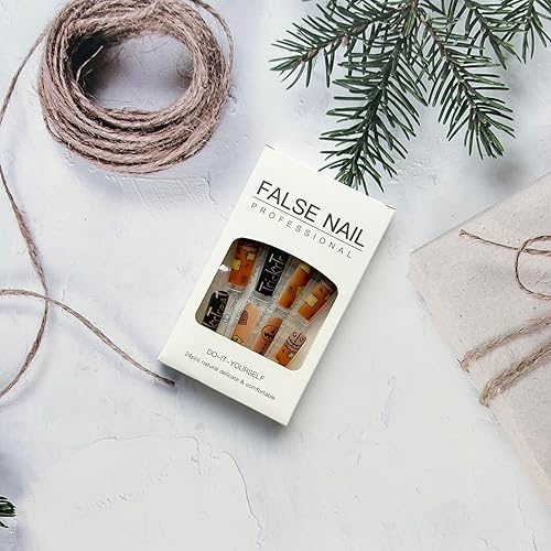 Miniatura 5 de Uñas postizas a presión de Halloween, largas, cuadradas, amarillas, con diseños de cabeza de calabaza, uñas acrílicas, uñas cuadradas artificiales,