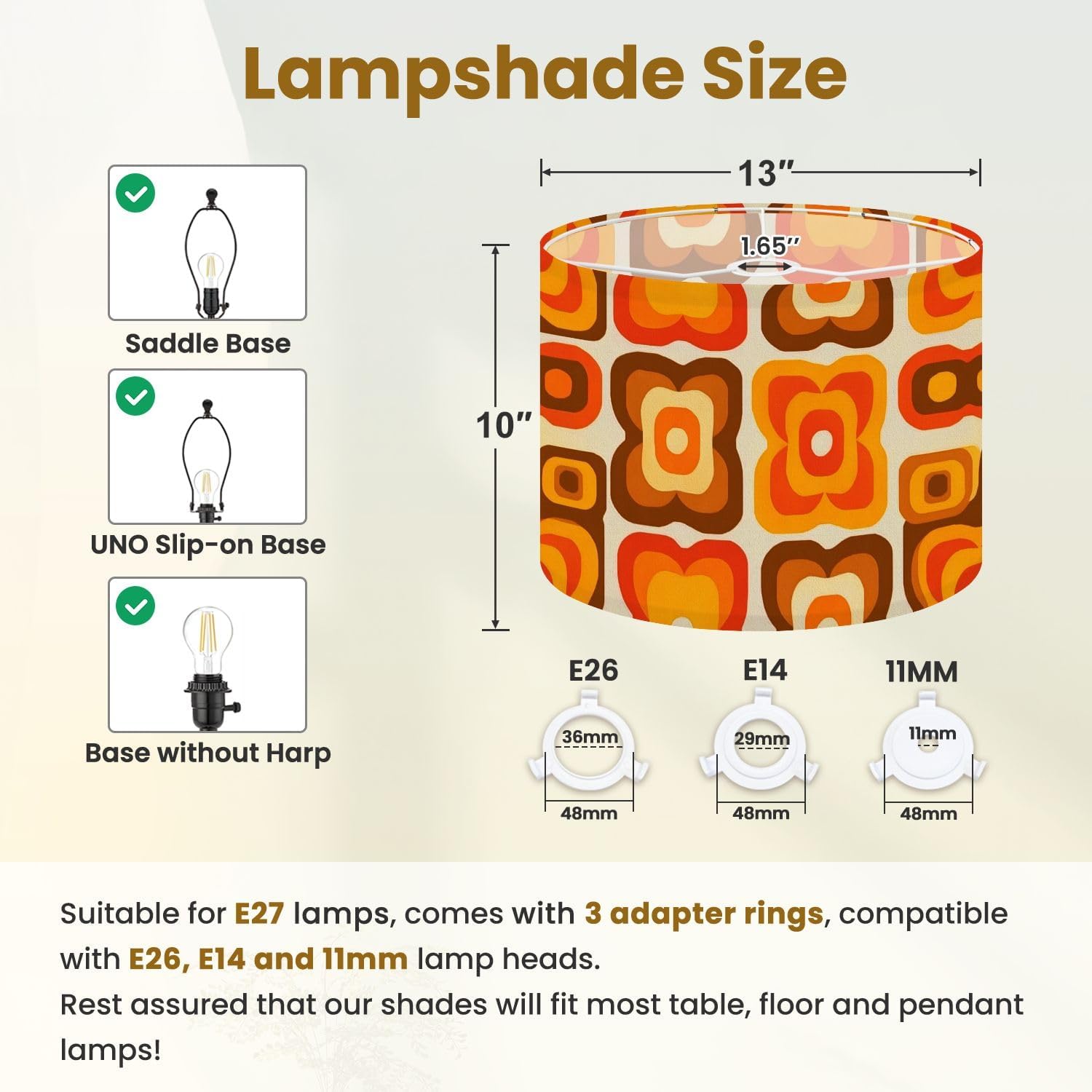 Drum Lamp Shades 70s Retro Seamless Orange Brown Yellow Beige 60s 70s Retro style Lampshade for Floor Lamps Table Lamp Pendant Light Linen 13"x13"x10" Replacement Large Lampshades
