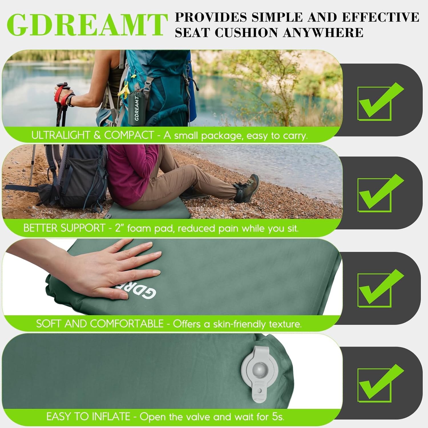 Inflatable Seat Cushion, Self-Inflating Memory Foam Stadium Seats Cushion Portable Camping Air-Foam Sitting Pad for Travel Airplane Car Bleachers Backpacking Office, Lightweight & Compact