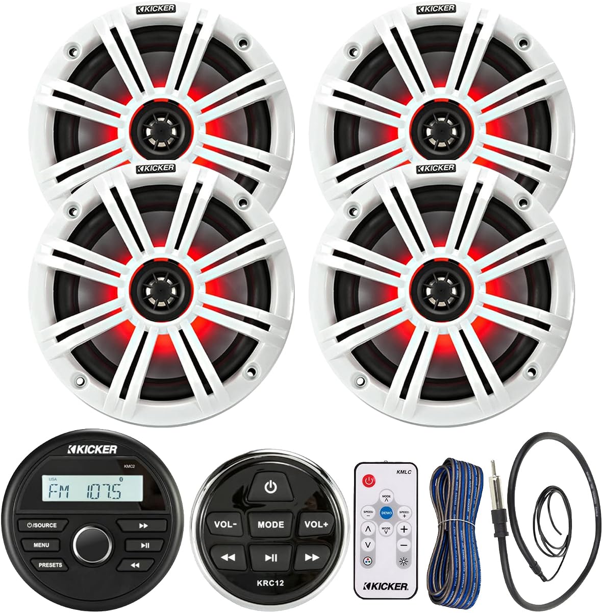 Kicker - Receptor estéreo USB Bluetooth estilo calibre marino para todo tipo de clima, con mando a distancia con cable, 4 altavoces LED marinos coaxiales de 6,5 de 2 vías, 195 W máx. con mando a distancia, rejillas blancas, cable, antena