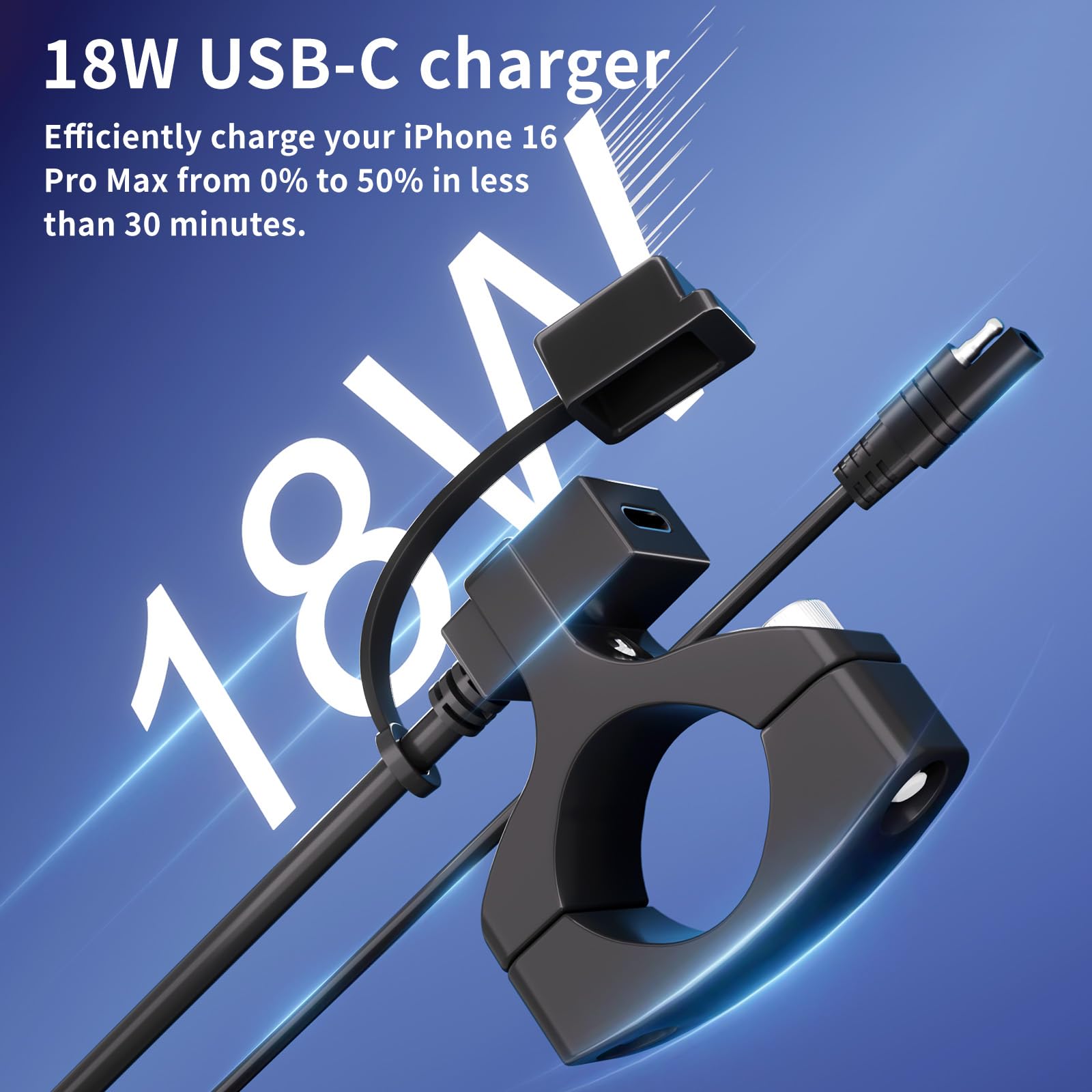 Cliff Top Caricatore USB impermeabile per moto, 18 W, PD USB-C, ricarica rapida, adattatore SAE a USB-C, porta USB con supporto per manubrio da 22 a 32 mm, per moto, scooter, ATV, dispositivi