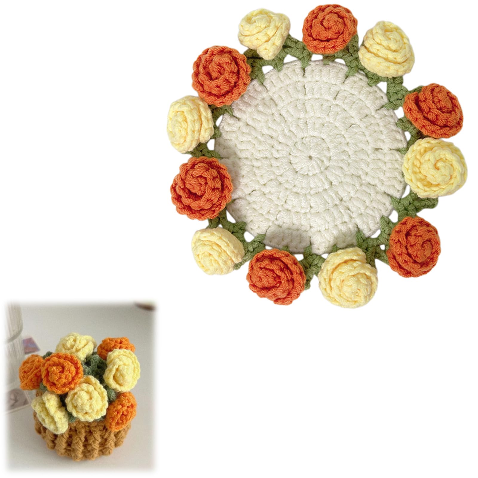 Tsophreniq Hand Knitted Miniature Blanket Rose Bouquets Coasters Set with 3D Flower for Cup Mugs Table Decors Blossomy Cup Mats Miniature Blanket Rose Arrangement