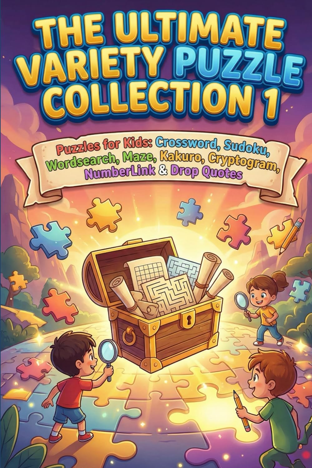 The Ultimate Variety Puzzle Collection 1: Puzzles for Kids: Crossword, Sudoku, Wordsearch, Maze, Kakuro, Cryptogram, NumberLink & Drop Quotes