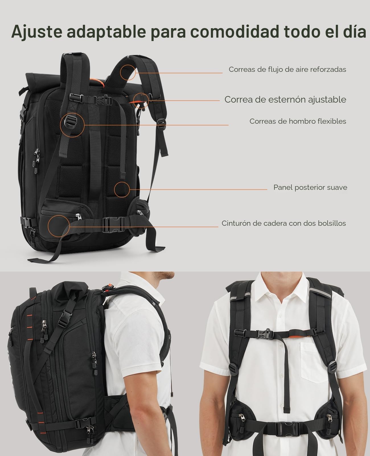 Tolaccea Mochila de Viaje Expandible 40L-55L, Mochila Viaje Cabina Avion TSA, Mochila Grande para Portátil 17,3", Travel Backpack Impermeable para Hombre Mujer, Senderismo y Acampada