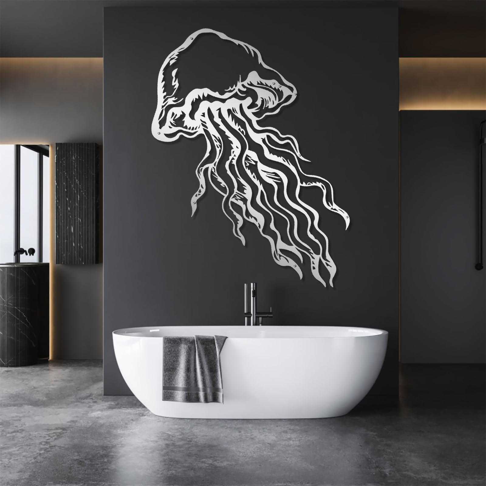 Współczesna abstrakcyjna metalowa dekoracja ścienna sztuka meduzy, dekoracja, życie morskie nowoczesny design prezent dla miłośników łazienki (47 x 90 cm, czarny)