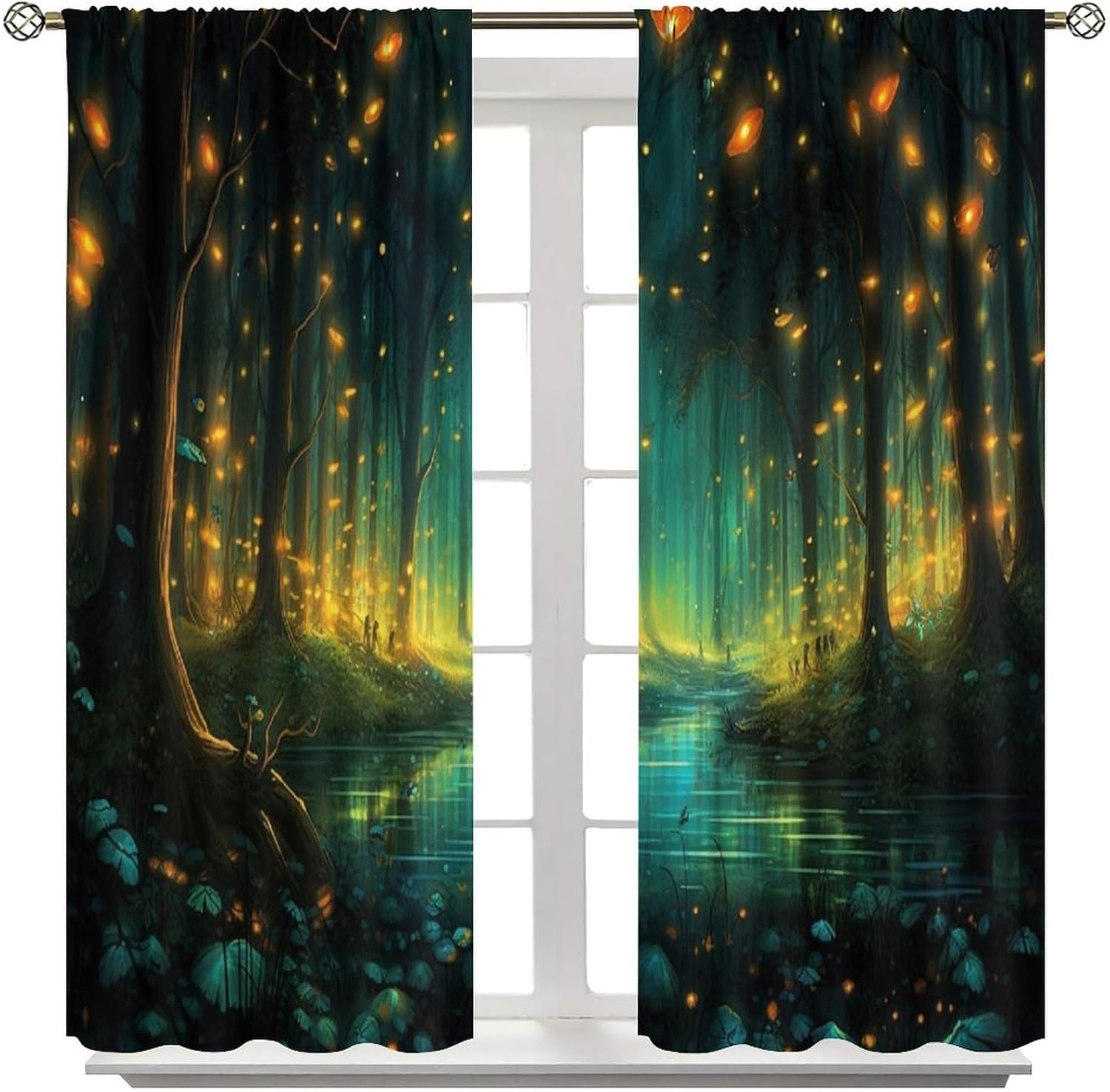 Magic Forest Curtains, Fairy Fantastic Trees Stream Flying Fireflies Window Treatment for Kitchen Bedroom Living Room Drapes, 42x45 Inch