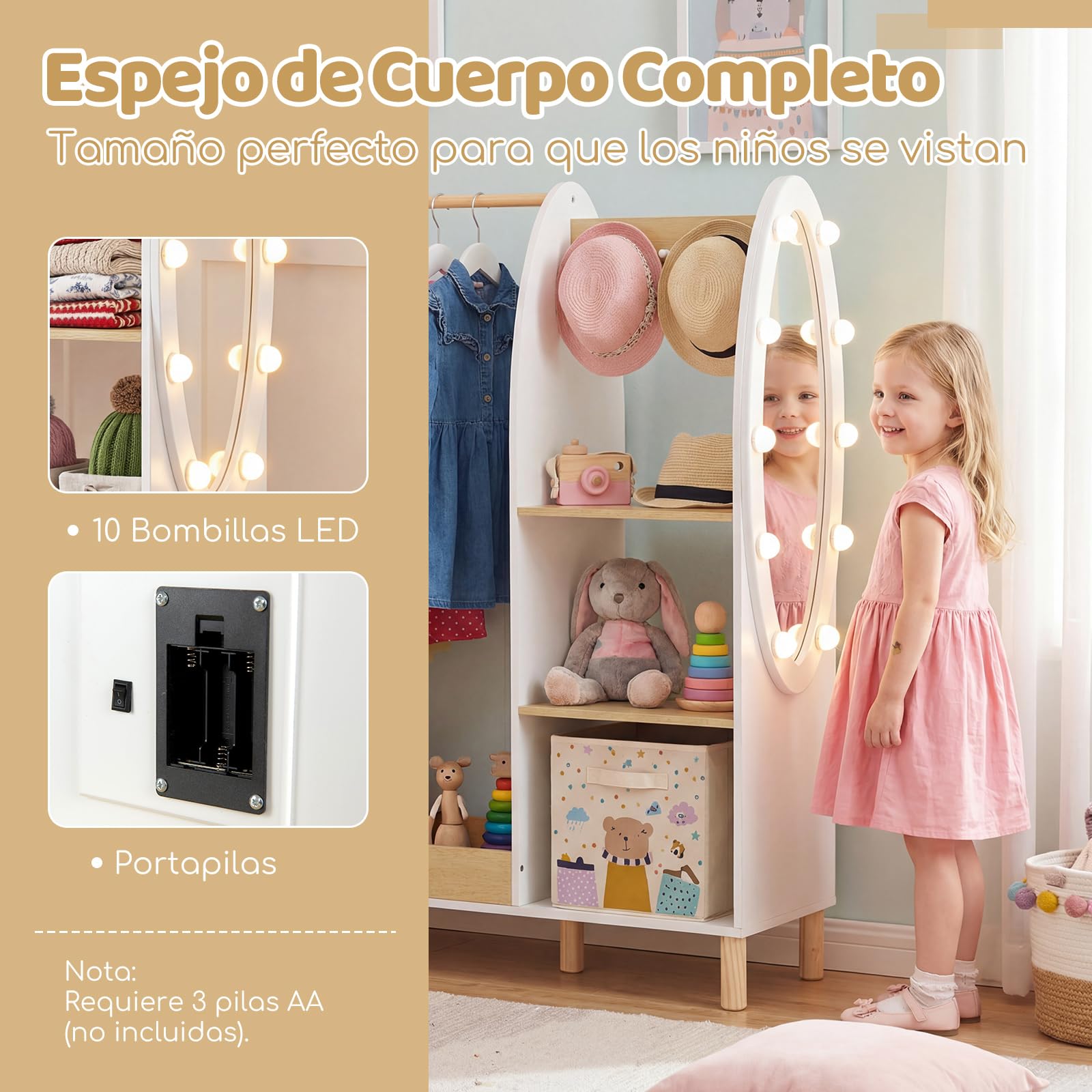COSTWAY Armario Infantil con Espejo y Luces, Armario de Ropa con Estantes y Ganchos para Niños