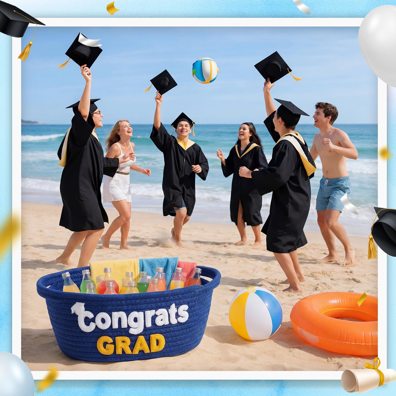 Yungyan Class of 2026 Graduation Gift Basket Empty, Small Cute Woven Rope Basket with Congrats Grad Words 12 x 8 x 5 Inch Decorative Graduation Gift Storage Baskets for College, University, PHD(Blue)