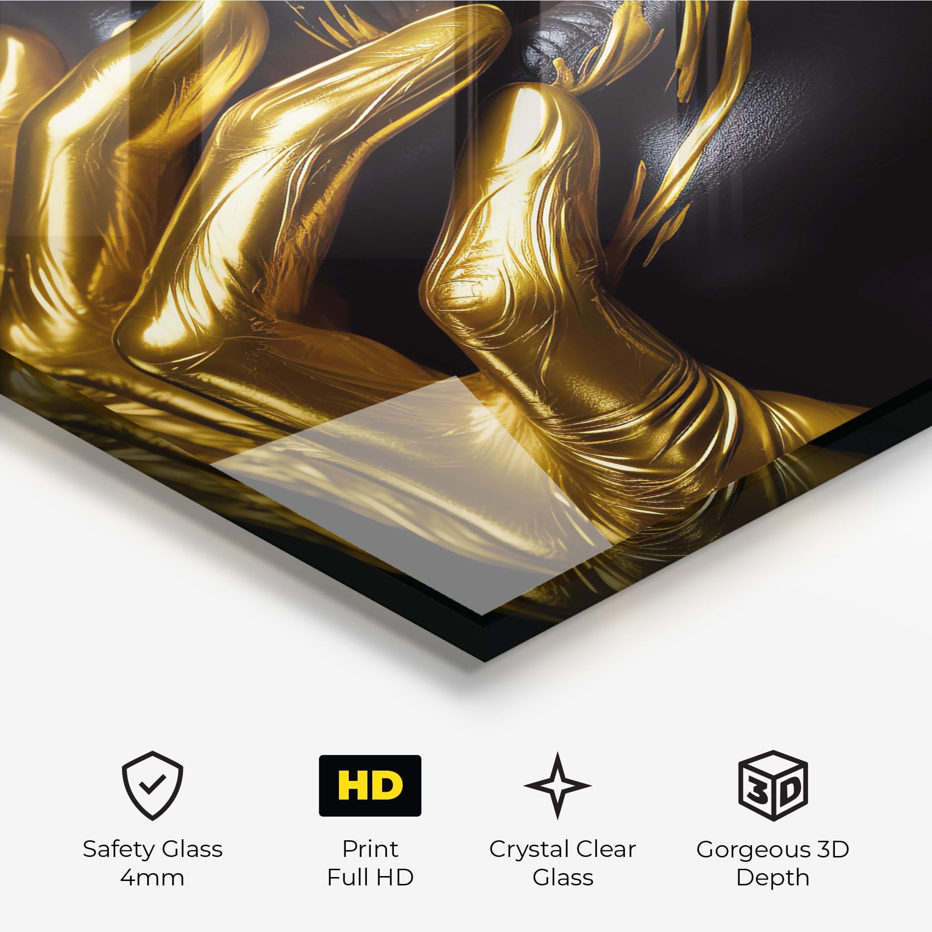 ARTHUB® Moderne impression sur verre 70x100 cm, 4mm verre trempé | Tableau en verre salon et chambre, Décoration murale moderne, Décoration intérieure, femmes, Gold Small Hand