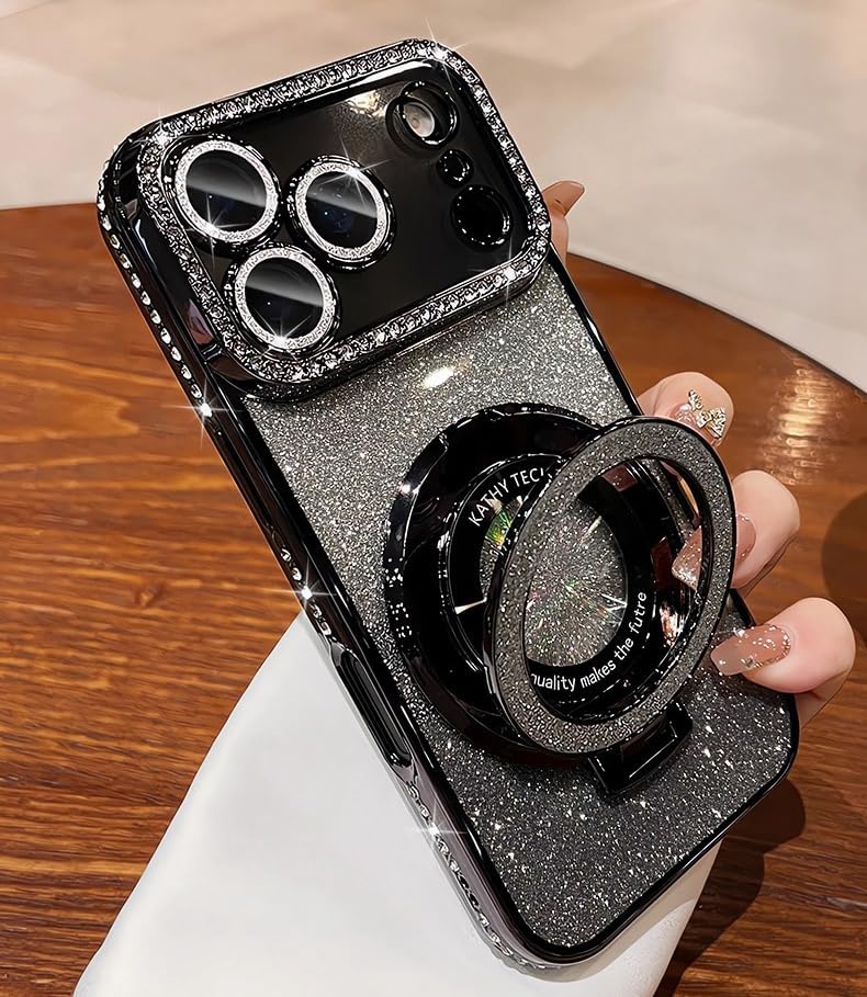 Magnetic Kickstand (Glitter Lens Protector) Case for iPhone 17 /Air/Pro/Max (Compatible with Magsafe) Sparkling Diamond Cover Glitter Shiny Rhinestone Cases (Black,for iPhone 17 Air)