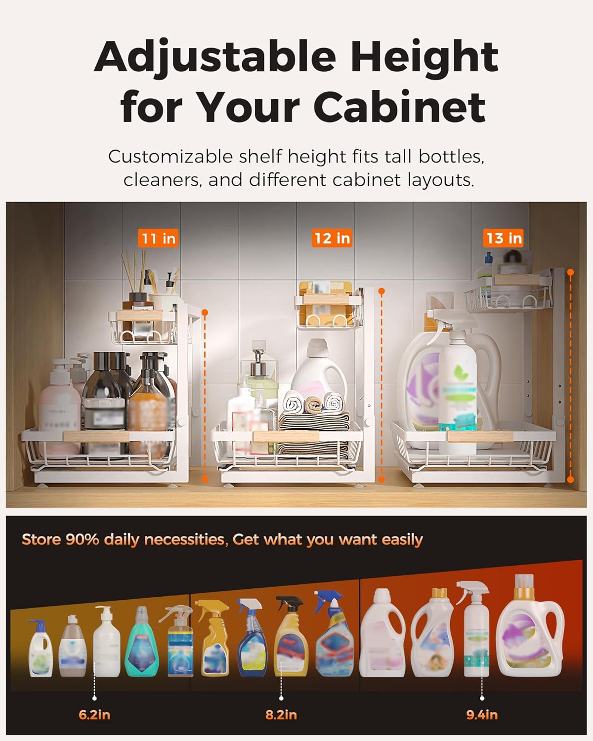 3 Pack Under Sink Organizer, Multi-Purpose 2 Tier Pull-Out Metal Under Kitchen Sink Organizer, Height Adjustable Storage Shelves for Kitchen Bathroom Cabinet (White)