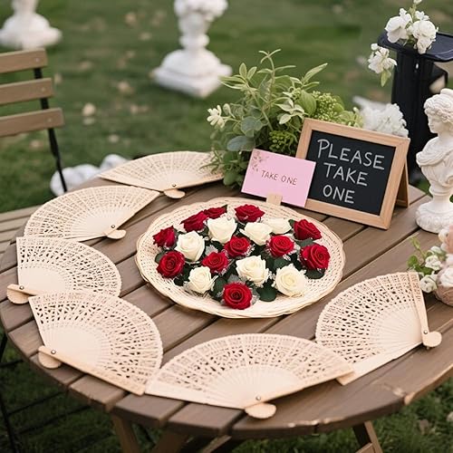 Miniatura 6 de Wobe Paquete de 60 abanicos de sándalo para recuerdos de boda, abanicos plegables de mano de madera, calados, para bodas, fiestas, decoración del