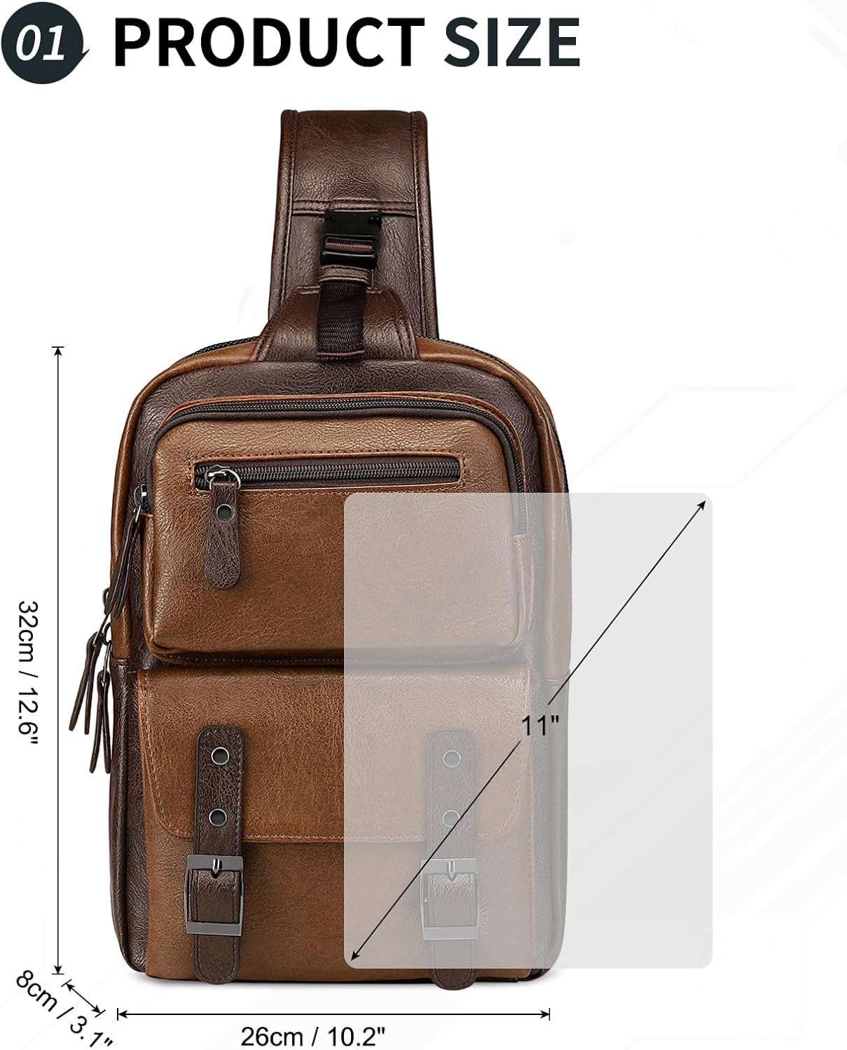 Vintage PU Leather Sling Backpack, Crossbody Shoulder Bag with Adjustable Strap, Multi-Pocket Compact Travel Chest Bag for Daily Use, Light Brown - Image 3