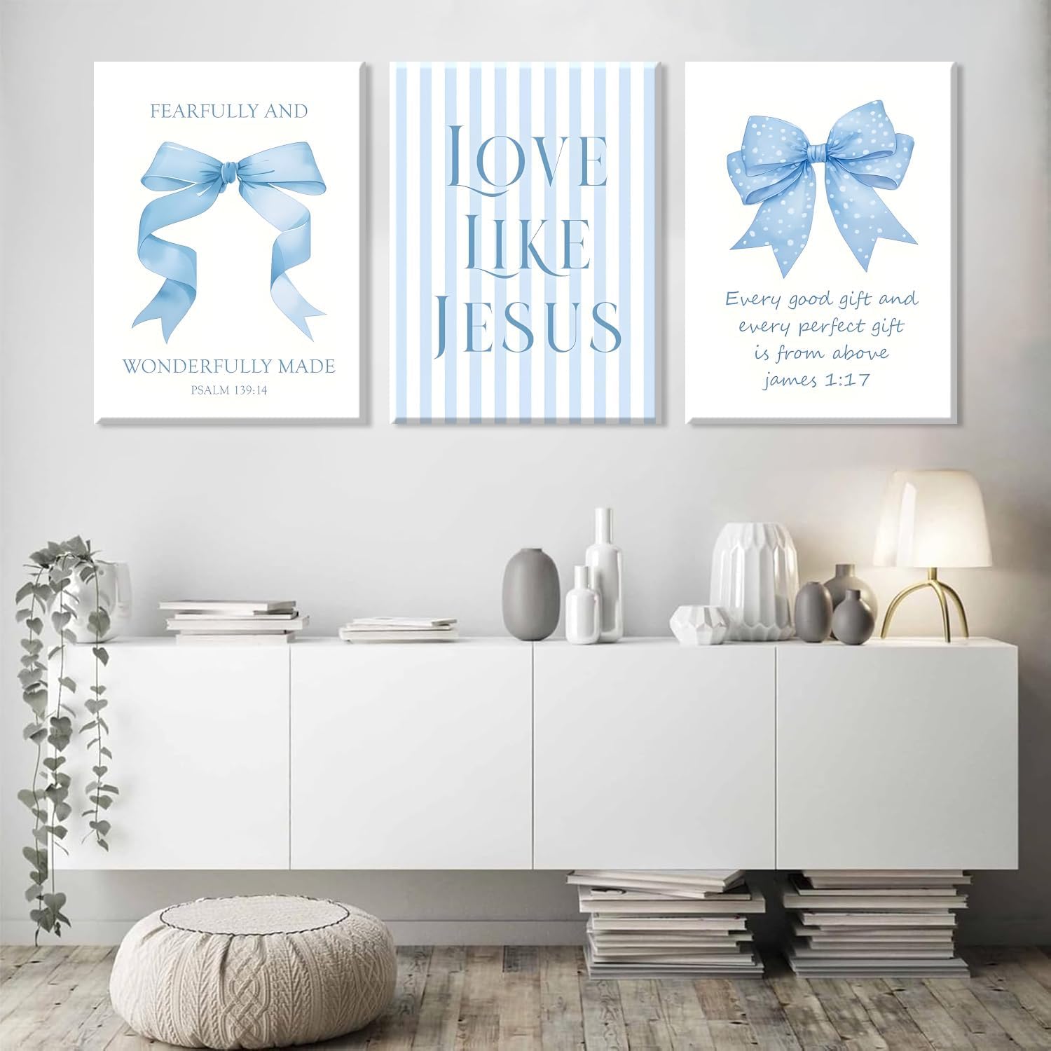 Blue Bow Jesus Canvas Wall Art Decor, Light Blue Coquette Dorm Room Wall Decor Paintings, Inspirational Bible Verses Posters Prints Pictures for Girls Dorm Room, Bedroom, Bathroom 12x16 Inch Framed