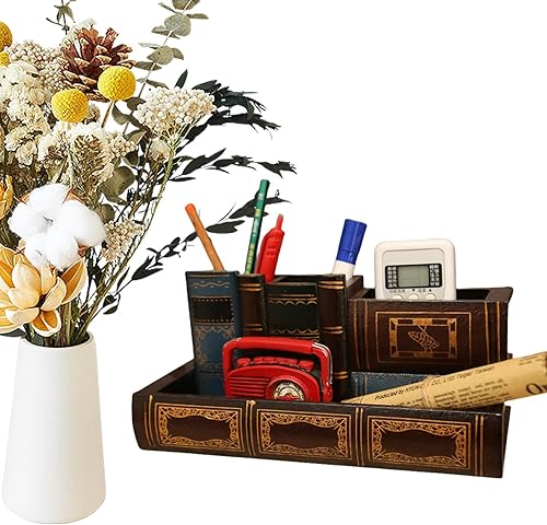 Miniatura 2 de Diseño de libros antiguos de biblioteca soporte para bolígrafos para escritorio, organizador decorativo con cajón de almacenamiento inferior,
