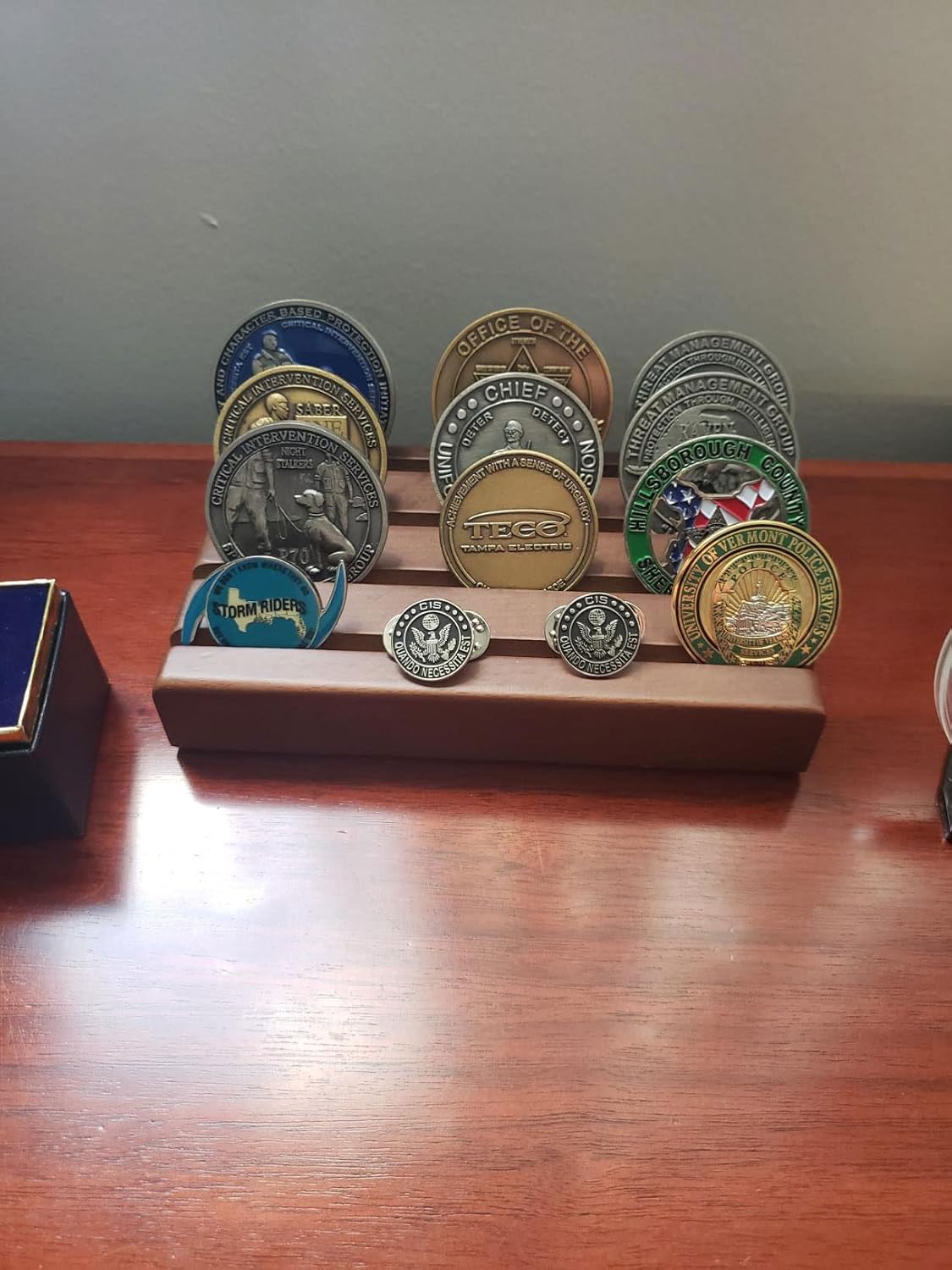 DisplayGifts Challenge Coin Display Stand Wooden Holder Rack Case Holds 12 Military Coins (Walnut Finish)