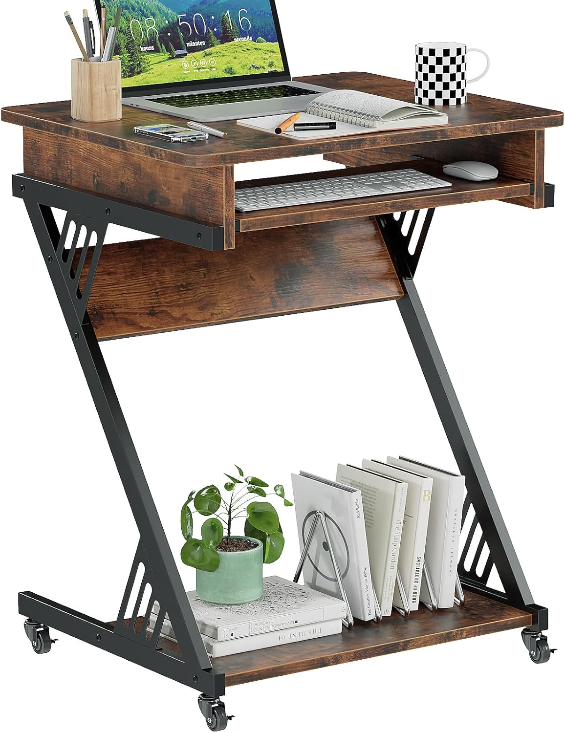 ALISENED Computer Desk for Small Spaces, 23.6" Z-Shaped Compact Study Table with Smooth Keyboard Tray with Wheels and Bottom Shelves for Home Office, Computer Cart Mobile Laptop Cart, Rustic Brown