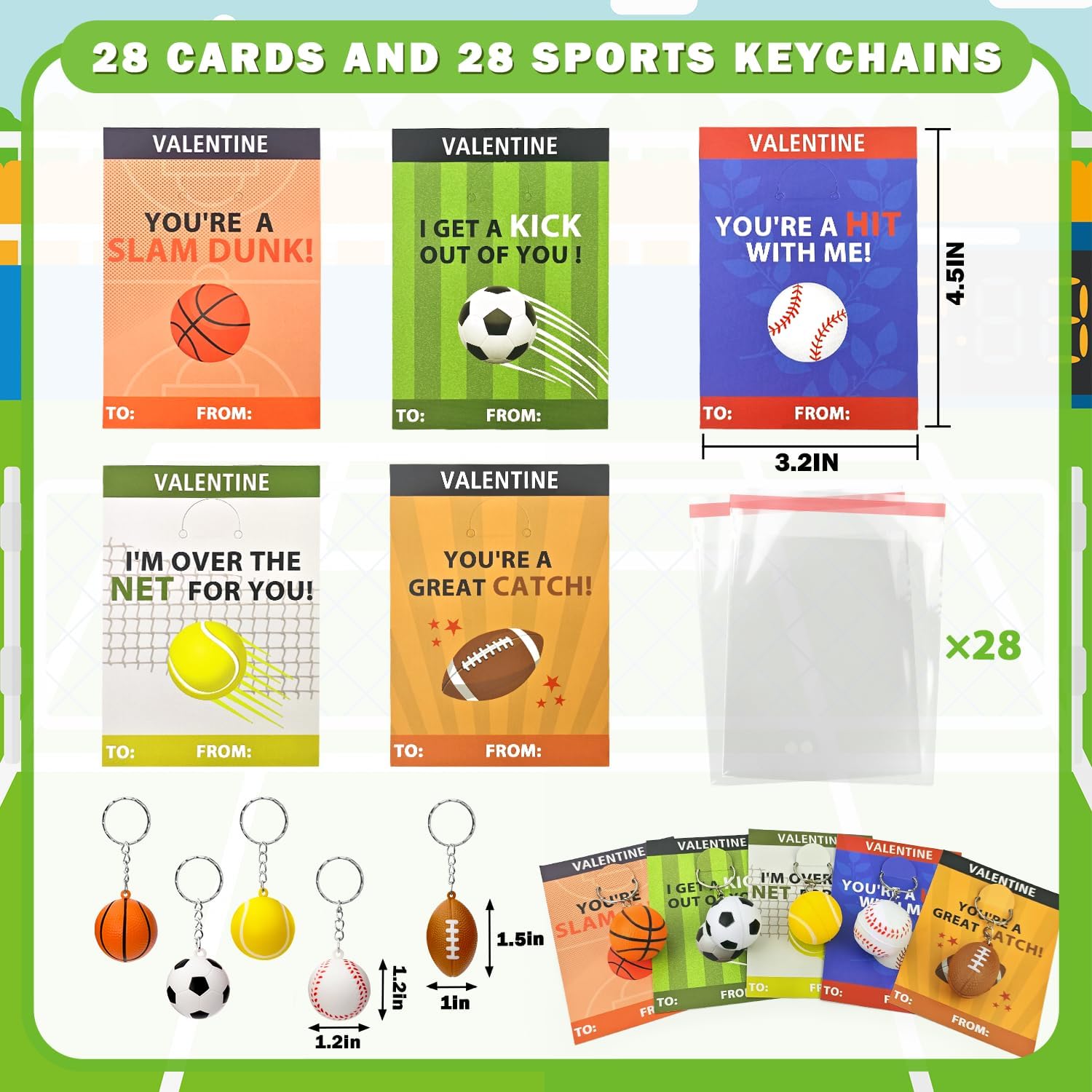 Sport Stress Ball Valentines Day Gifts for Kids Classroom -28 Pack,Mini Foam Ball Toy with Keychain & Exchange Cards for School Toddlers,Valentines Goodie Bag Stuffer Class Treat Prize for Boys Girls Sport Balls