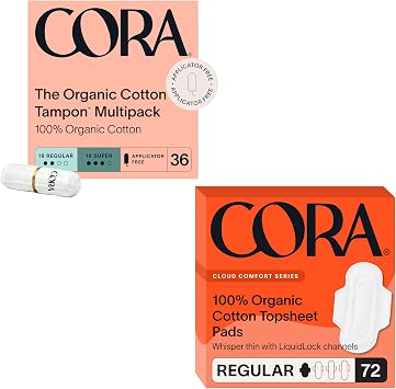 Cora Organic Feminine Care | Non-Applicator Tampon Pack and Regular Pads with Wings | Ultra-Absorbent, Unscented, Natural, Non-Toxic | 36R/S Tampons and 72 Regular Pads | Bundle Pack