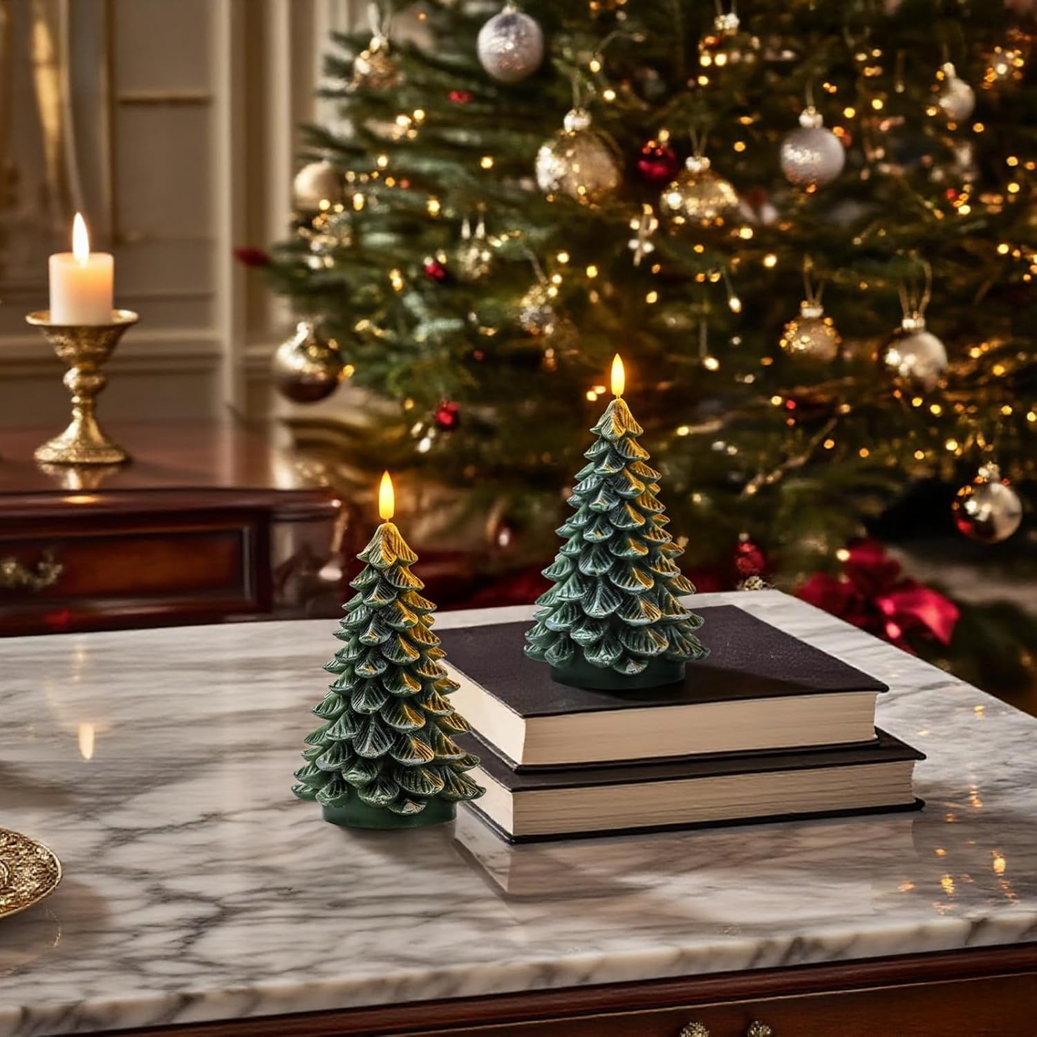 Condition photo showing New/Like New for christmas decorations indoor, christmas decor - christmas tree candles battery operated, flameless led candle lights with 6h timer, xmas home decor, set of 2(green)