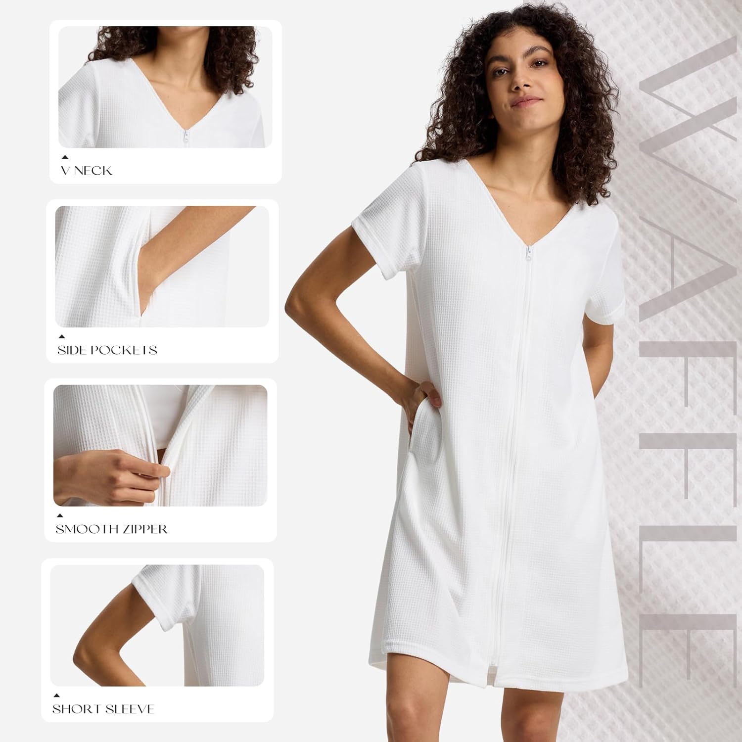 SIORO Women Zipper Robes Waffle Short Sleeve Bathrobe Lightweight Housecoat Knee Length Nightgown Loungwear with Pockets - Image 4