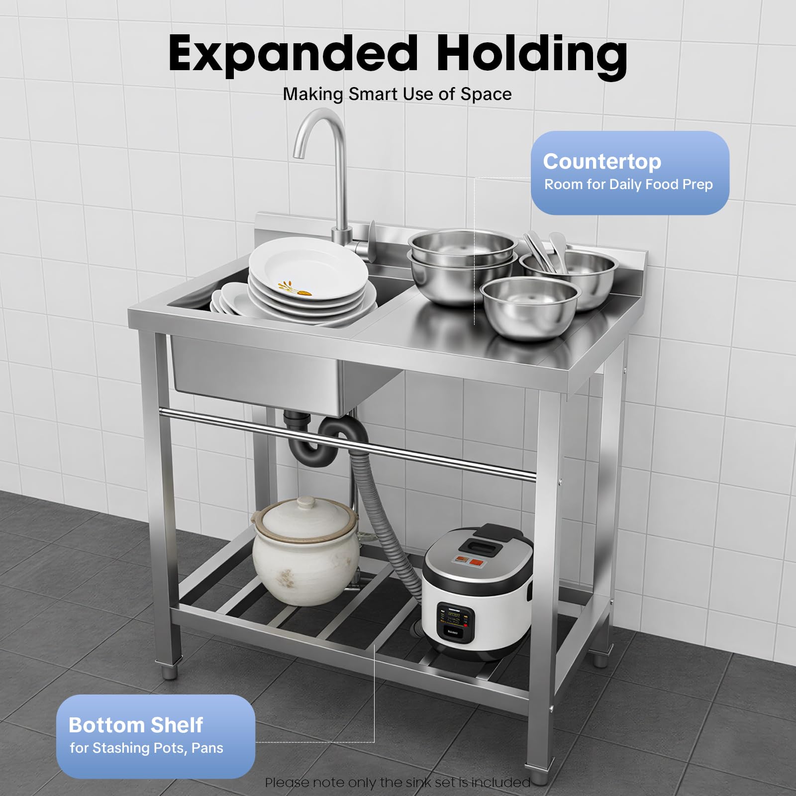 Évier Cuisine sur Pied Évier,Inox Autonome Professionnel avec Robinet Pivotant 360° Étagère et Dosseret Anti-Éclaboussures, Grande Capacité 100kg pour Jardin Garage Restaurant Camping